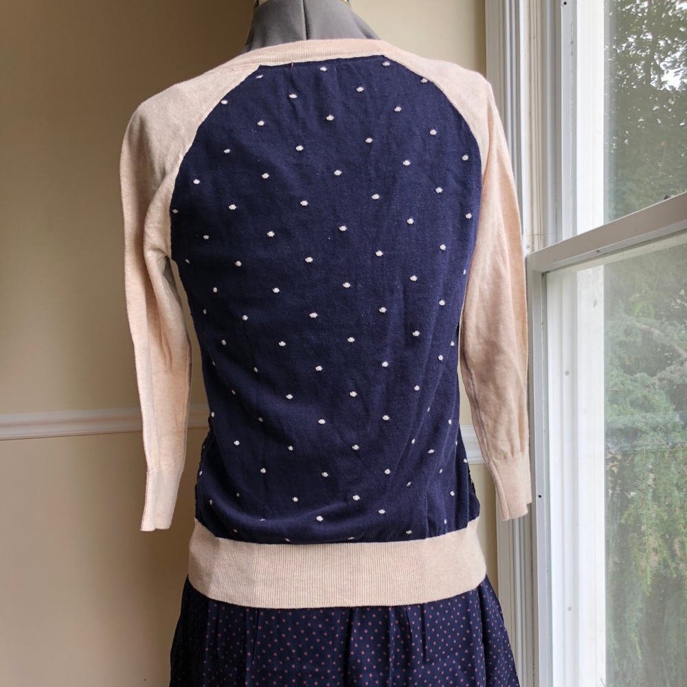 Cardigan navy blue/tan, lace, gold buttons